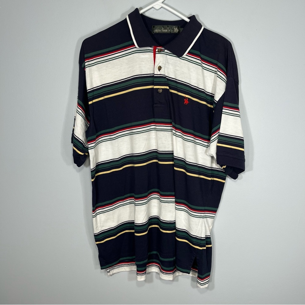 VINTAGE Knights of Round Table Polo Shirt Mens Large Blue White Stripes Golf